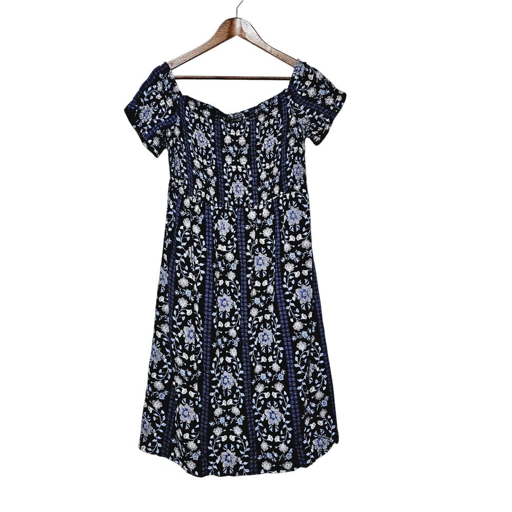 Old Navy Smocked Off-the-Shoulder Slub-Weave Midi Dress Women's Sz L Blue Floral - Picture 3 of 9